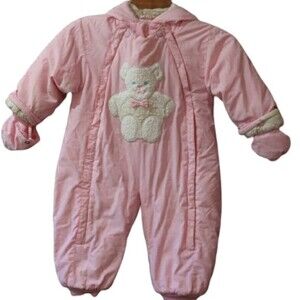 Casual Time Vintage 90s 24M Girls Snow Suit Pink Winter Teddy Bear